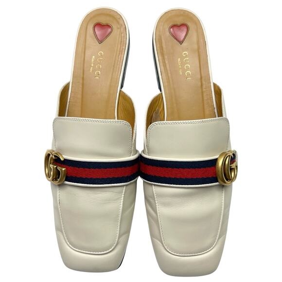 GUCCI Peyton Marmont GG Web Striped Mule EU 41 US 11 Beige Red Blue Leather Flat - Picture 8 of 13